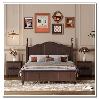 3-Pieces Bedroom Sets,Full Size Wood Platform Bed And Two Nightstands-Dark Walnut