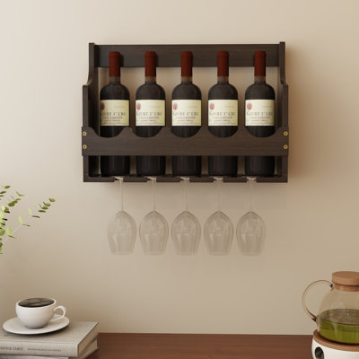 Wall-Mounted Wine Rack Solid Wood Bottle Rack Wine Storage with Stemware Holder