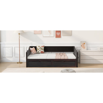 Wooden Daybed With Trundle Bed And Two Storage Drawers , Extendable Bed Daybed,Sofa Bed With Two Drawers, Espresso