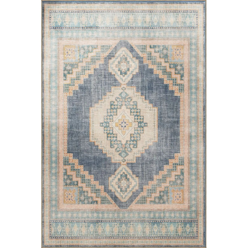 Blue Beige Themed Traditional Motif Patterned Vintage Decorative Carpet, Round 4'