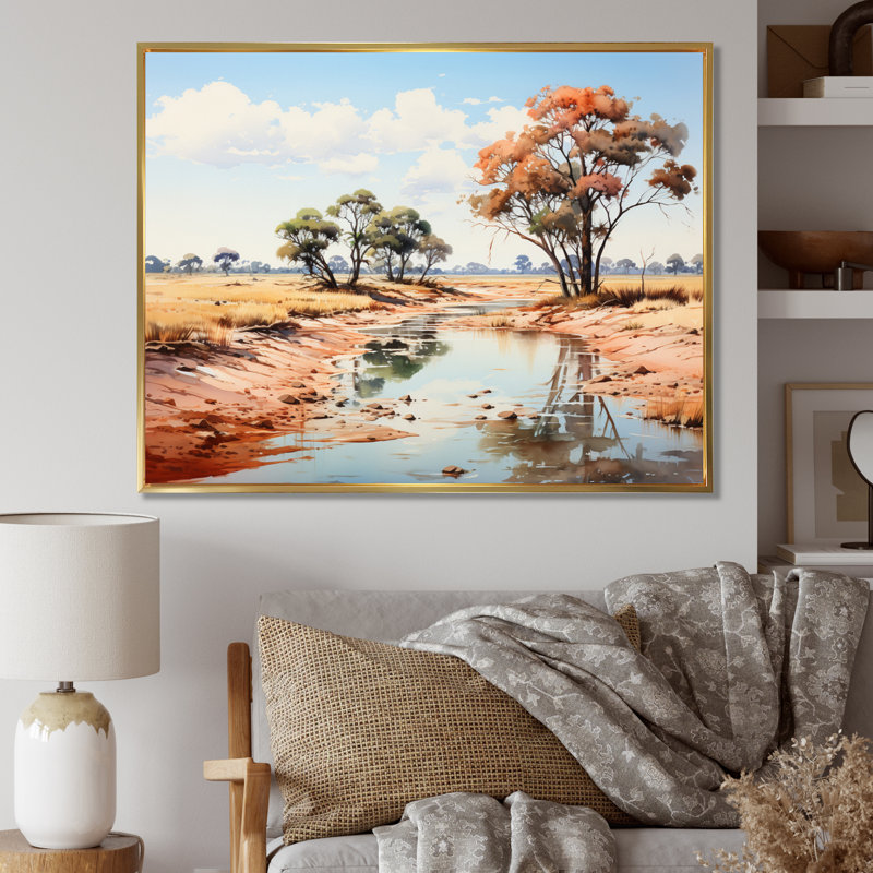 Paysage africain beige et vert sur toile, Cadre flottant doré, H 12 po x l 20 po x P 1 po