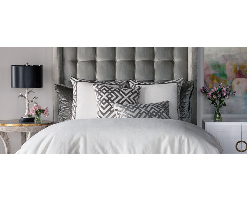 Karl Velvet Square Pillow Cover & Insert, Ivory/Platinum, 24"H x 24"W
