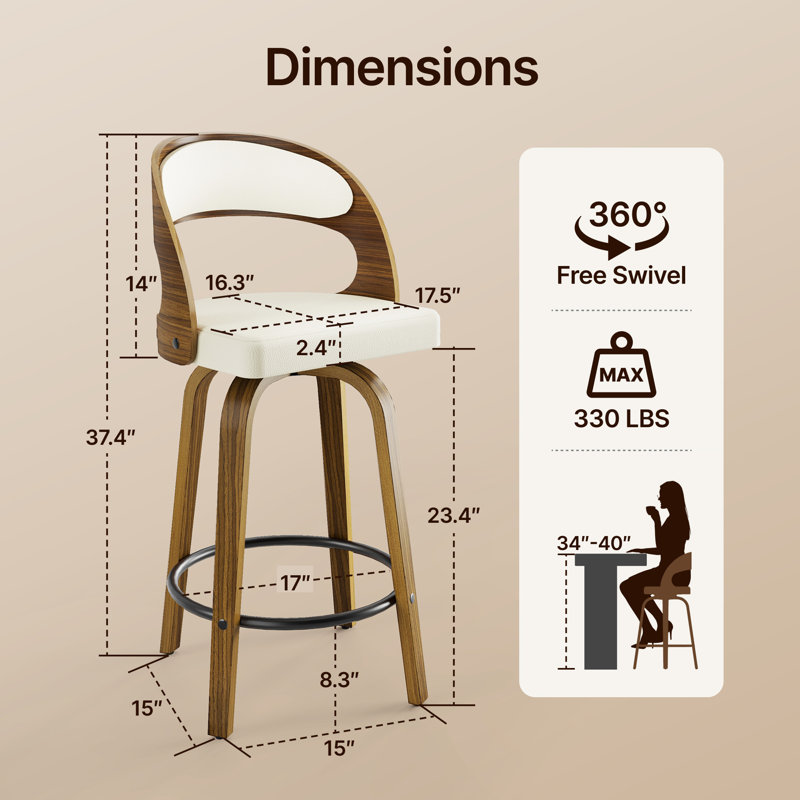 26" Swivel Counter Height Bar Stools with Arms and Back, Beige, White