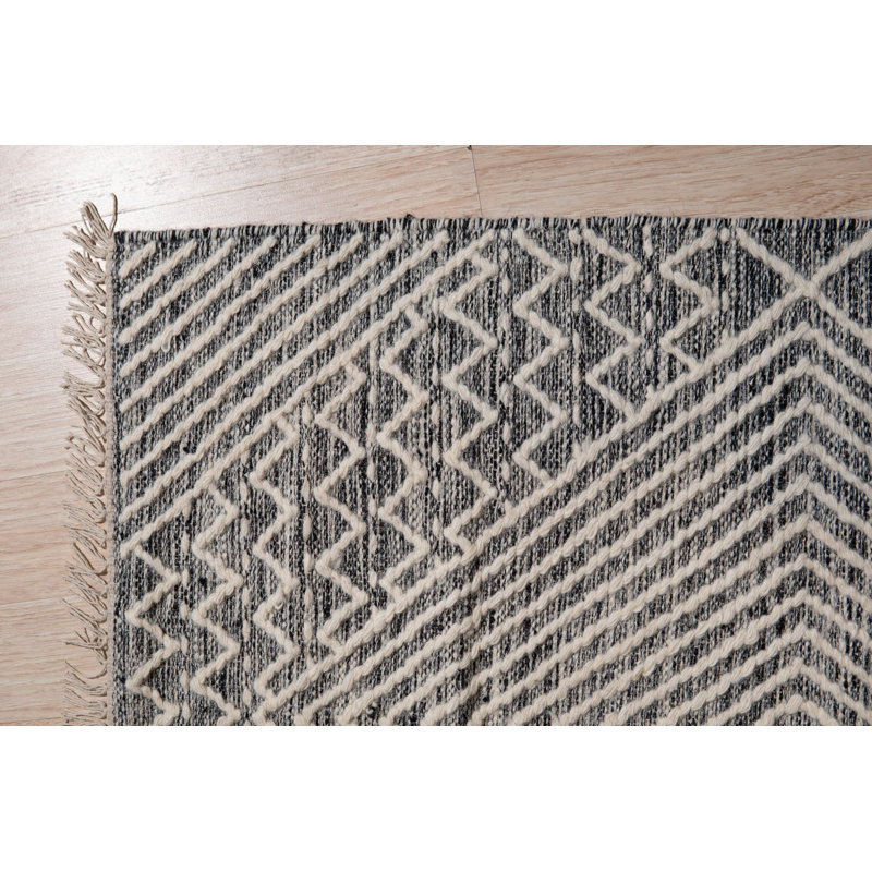 Celia Kilim Blue Handmade Wool Black Contemporary Geometric Area Rug, Runner 2' x 6'