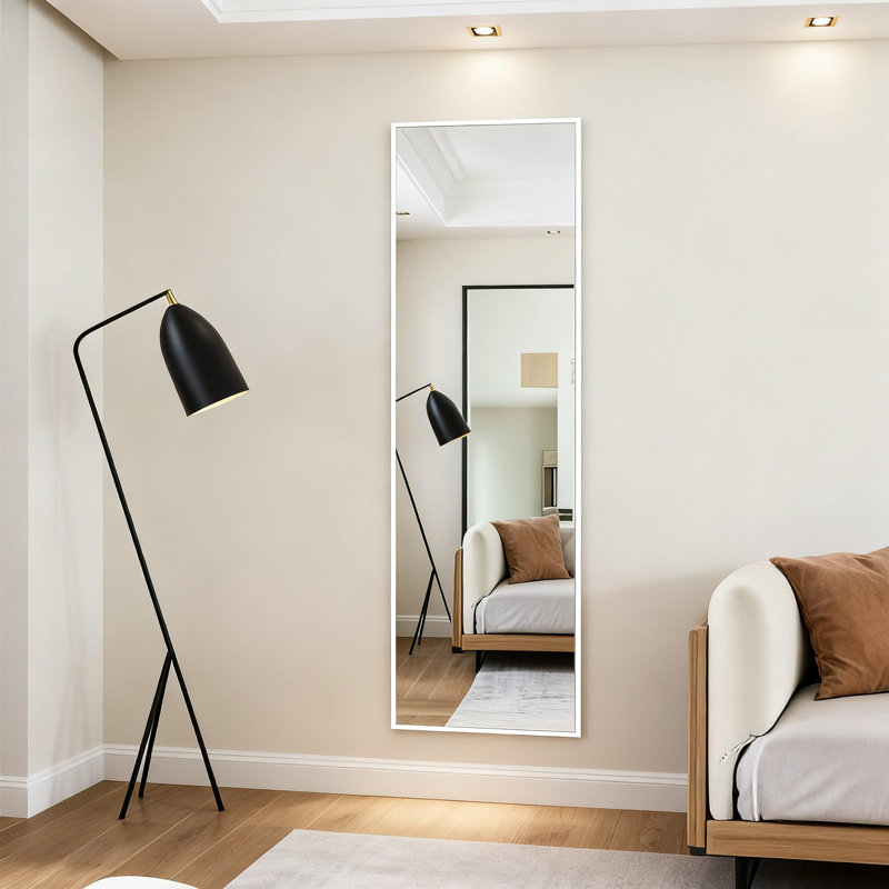 Over-The-Door Full Length Mirror, No Drill Hanging With Metal Hooks, Shatterproof Glass And Aluminum Frame For Bathroom, Bedroom, Entryway Decor 48"X14"(Silver White)