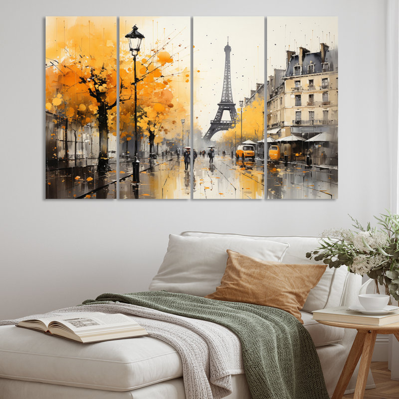 «Yellow and Gray Parisian Street Art», impression sur toile de paysages urbains - 4 panneaux