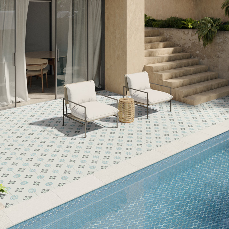 Plumeria 8.77" x 8.77" Matte Porcelain Tile, Poppy Blue/Gray