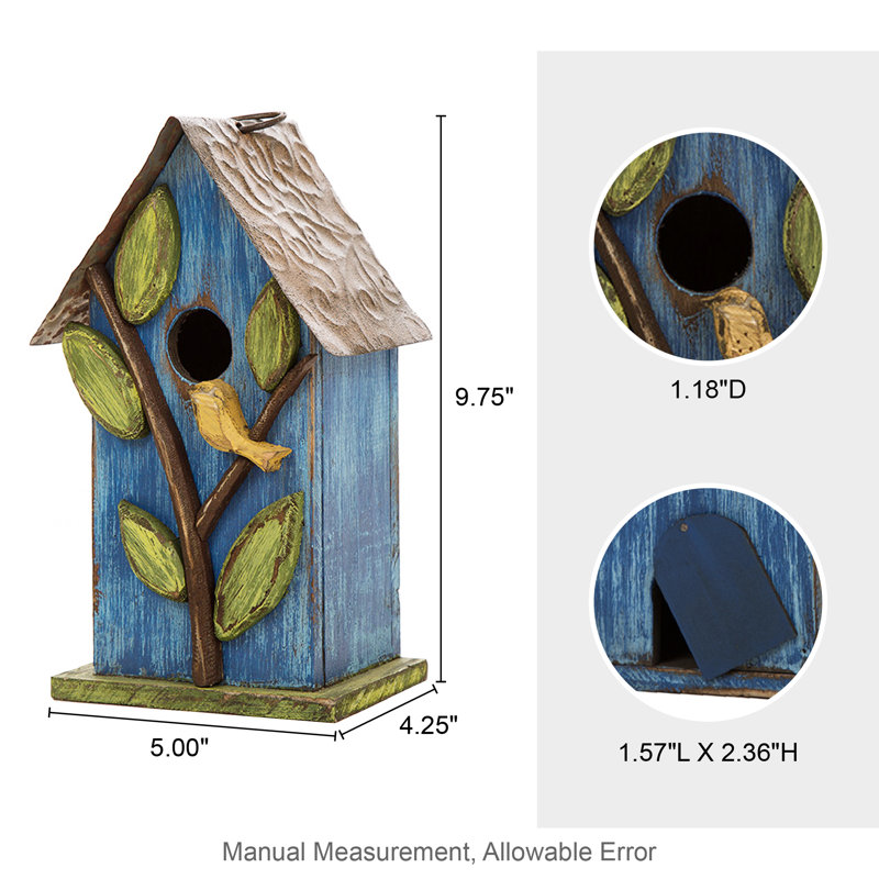 Strader Distressed Solid Wood Cottage Decorative Outdoor Garden Birdhouse with 3D Tree, Blue/Green/Brown