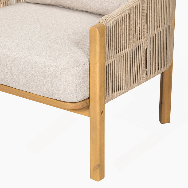Fauteuil club d'extérieur en bois, corde beige avec coussin beige, ensemble de 2, Beige, Teck