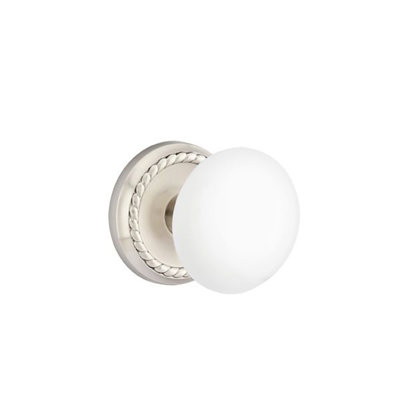Ensemble de boutons d'intimité Emtek avec rosette en corde et bouton en porcelaine blanc glacé