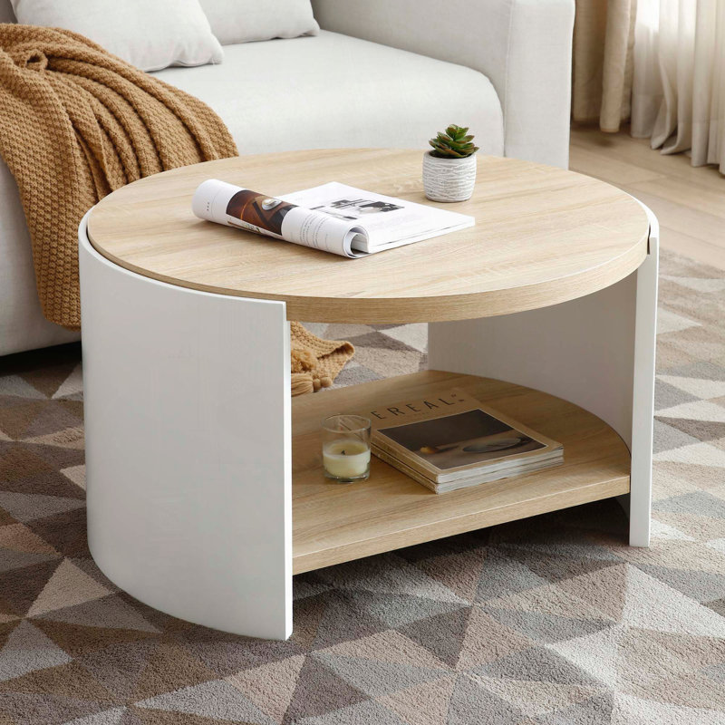 Table basse ronde à 2 niveaux avec tablette de rangement - couleur naturelle et blanc, 31 po