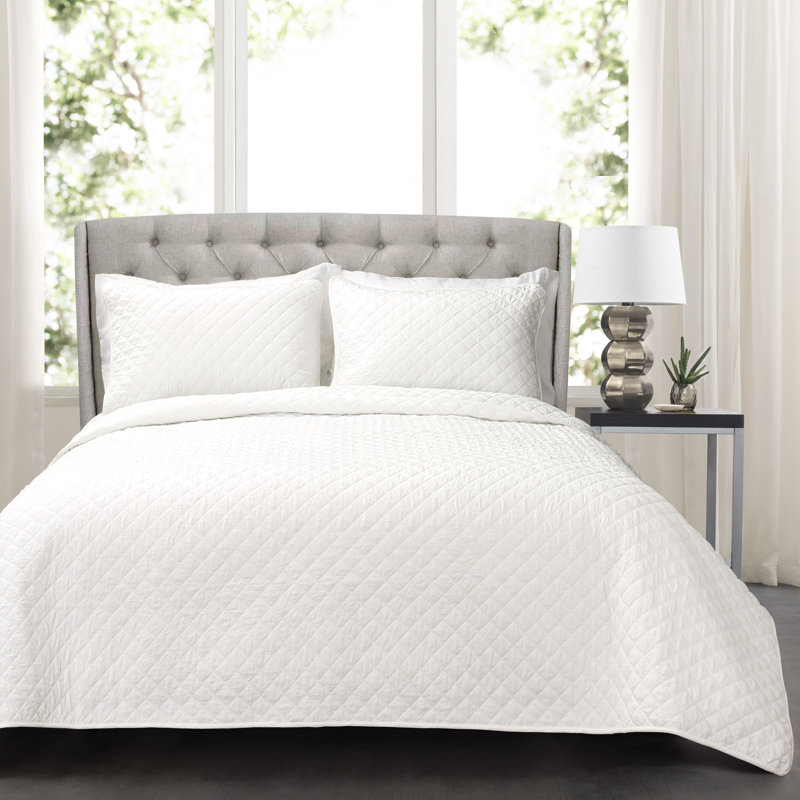 Ensemble de courtepointe standard moderne et contemporaine en coton à motif de losange Ava Diamond, Blanc
