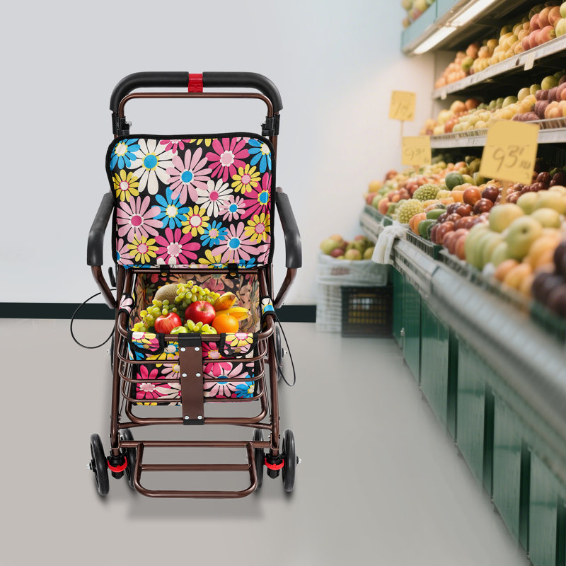 Chariot pliable avec siège et roulettes, déambulateurs pour personnes âgées, avec coussin épais et confortable