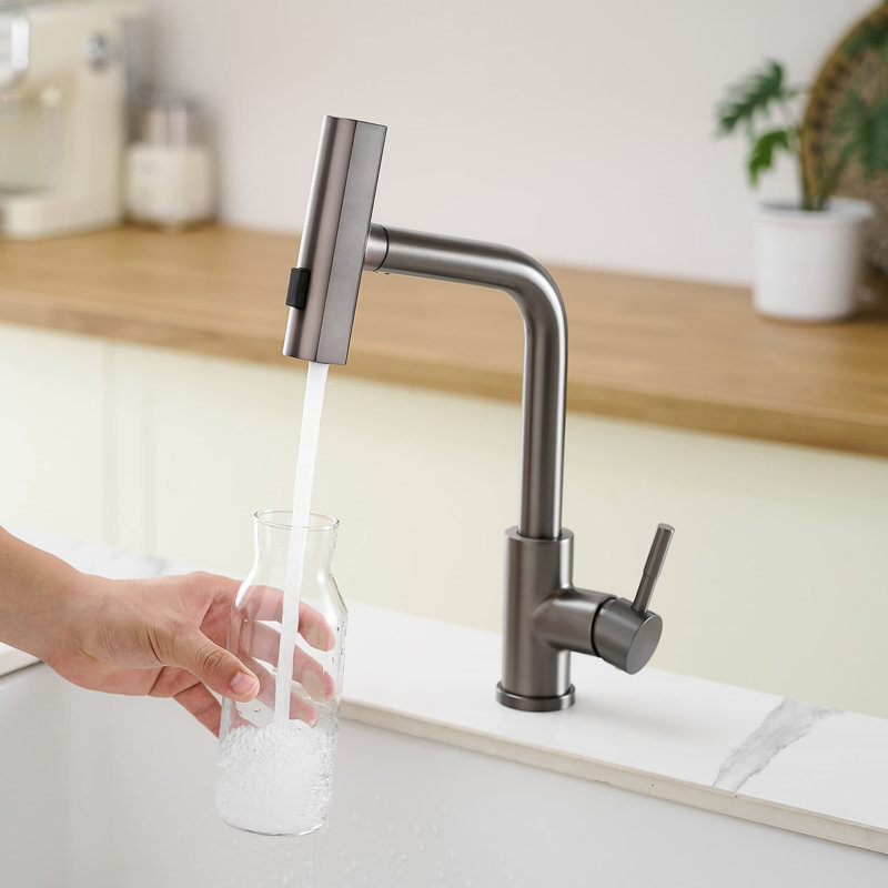 Single Hole Pull Out Kitchen Faucet With Swivel Spout Single Handle Kitchen Sink Faucets Modern Stainless Steel Kitchen Basin Taps With Valve
