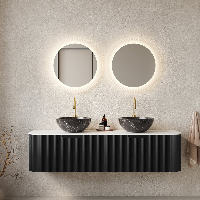 Meuble-lavabo de 60 po avec lavabos, armoire de rangement murale rayée à bords arrondis avec 2 tiroirs, 2 cuves en céramique noires avec motif de pierres, pré-assemblée, couleur noire