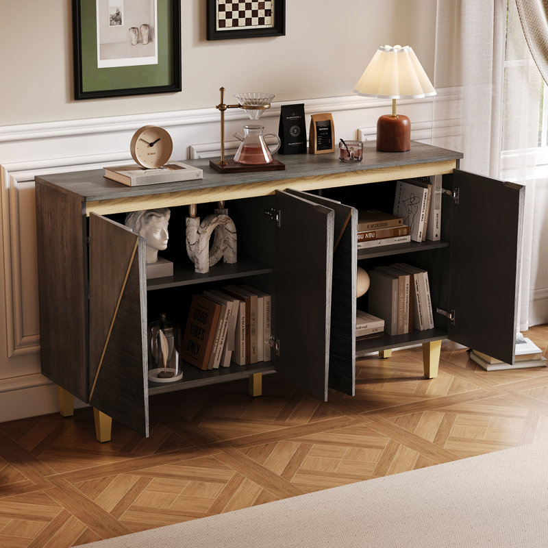 Buffet rétro de 60 po avec portes bicolores, effet 3D et passe-câbles, design rétro, rangement