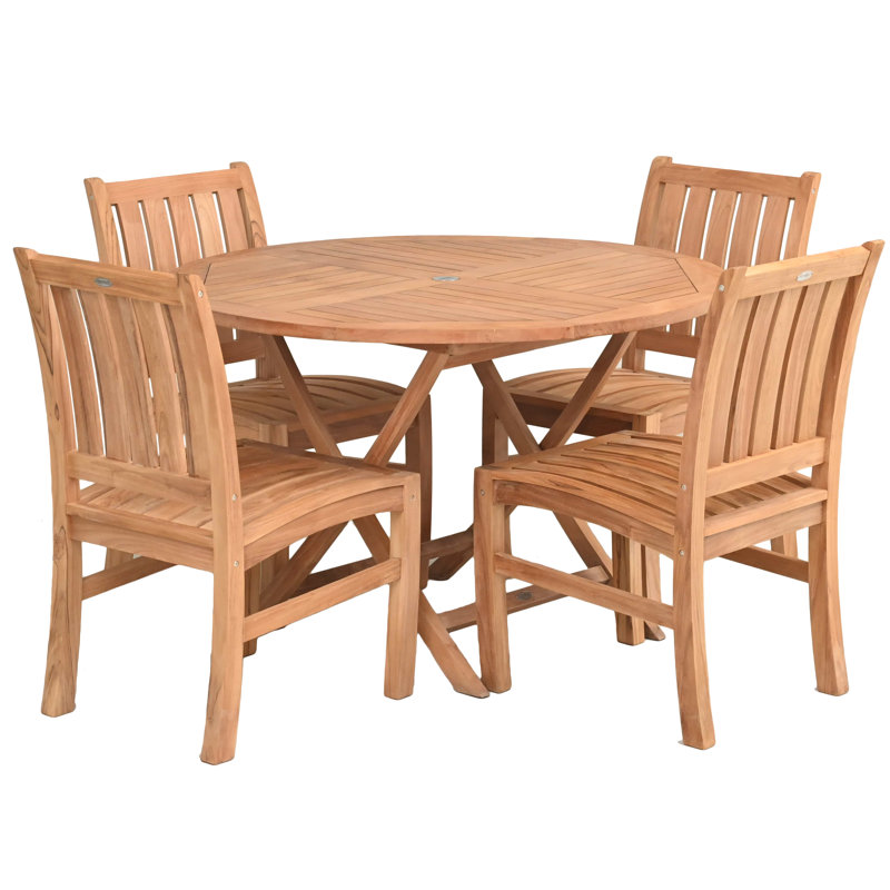5 Piece Teak Wood Outdoor Patio Dining Set Including 47" Round Java Table And 4 Abaco Side Chairs