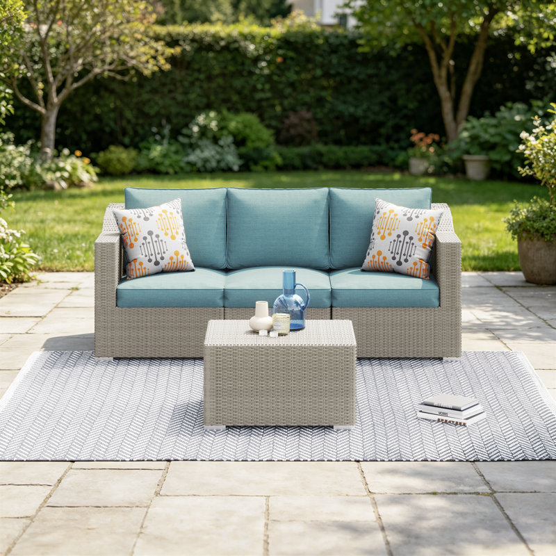 Baecher 3-Person Wicker Sectional Seating Group with Cushions, Light Gray/Light Blue