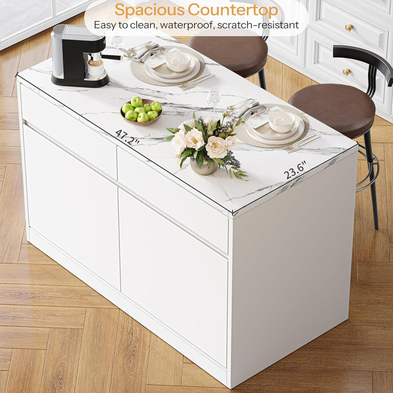 47.2" Faux Marble Countertop Kitchen Island with Storage & Seating Area, 3 Drawers, 2-Tier Cabinet, Coffee Bar Station, Dining Table for 2-4 People for Kitchen, Dining Room, Living Room