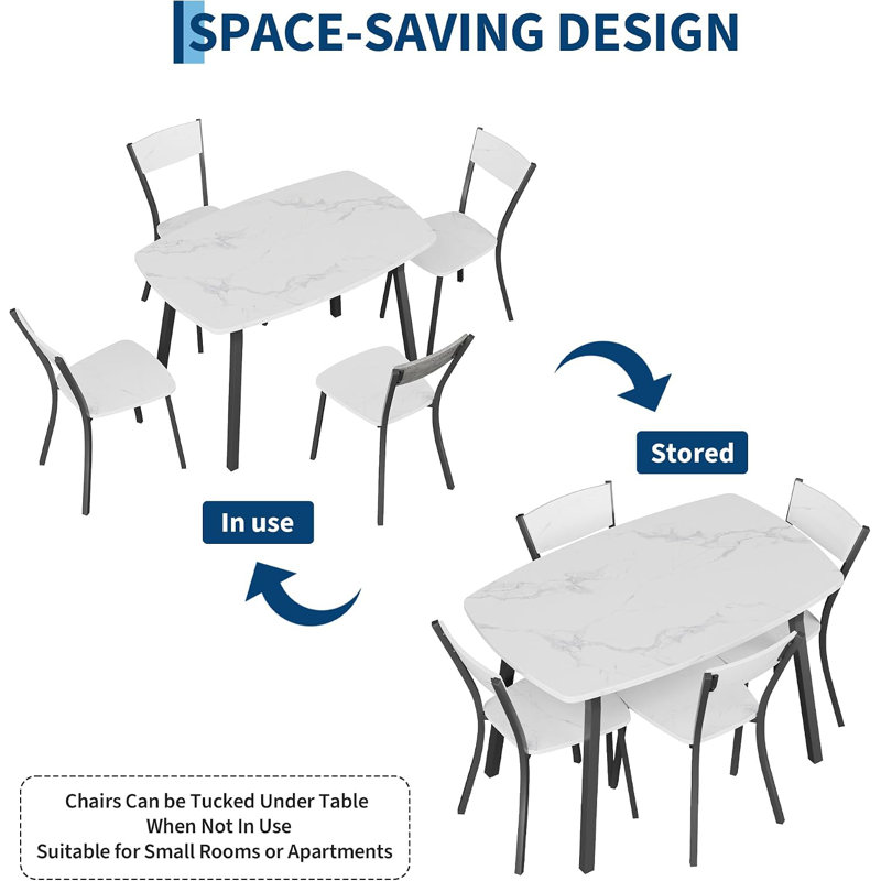 Ensemble de table de salle à manger 5 pièces pour 4, table de cuisine en MDF de 43 po et 4 chaises, peu encombrantes, blanc