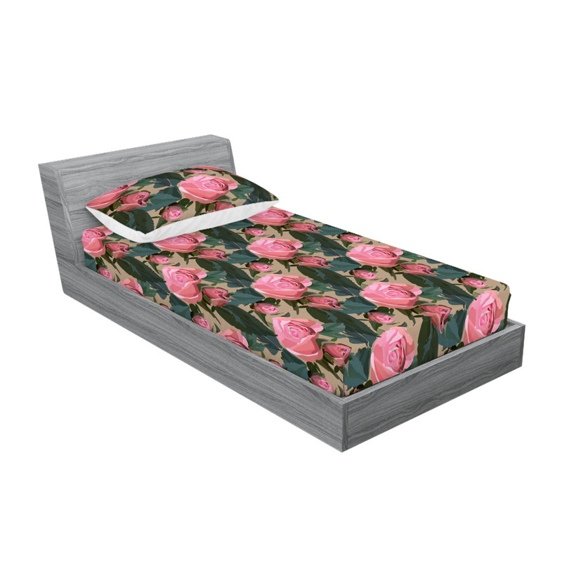 Drap-housse et taies décoratives 3 pièces Ambesonne, Rose pastel, bleu sarcelle foncé / floral 2