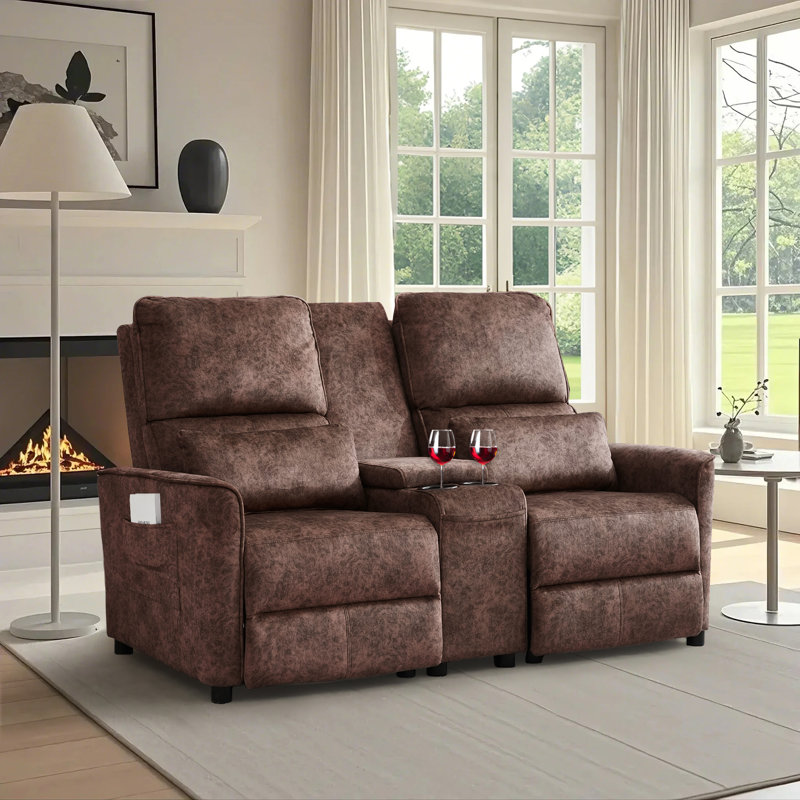 Causeuse inclinable manuelle avec console centrale et porte-gobelets pour le salon, Flanelle brun rougeâtre