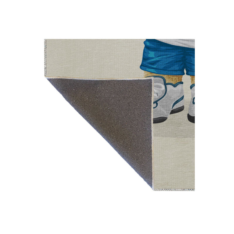Beige Multi Color Champion Text Athlete Bear Pattern Modern Decorative Machine Washable Area Rug, Rectangle 4'7" x 6'7"