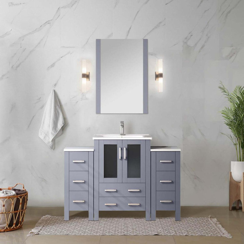 Meuble-lavabo gris foncé avec armoires latérales, ensemble de robinets, comptoir en céramique blanche et Miroir