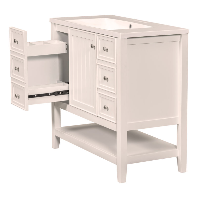 Ensemble de meuble-lavabo 36 po avec lavabo, une armoire et trois tiroirs, bois massif et panneau de fibres à densité moyenne