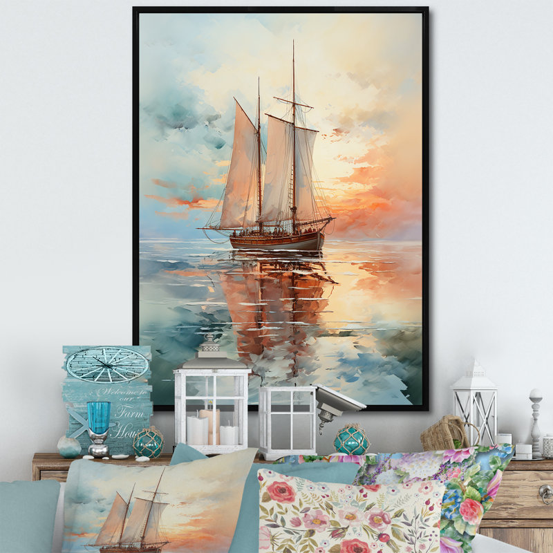 Voilier Ethereal Waters II - Décoration murale nautique et plage, L 12 po x H 20 po, Cadre flottant noir