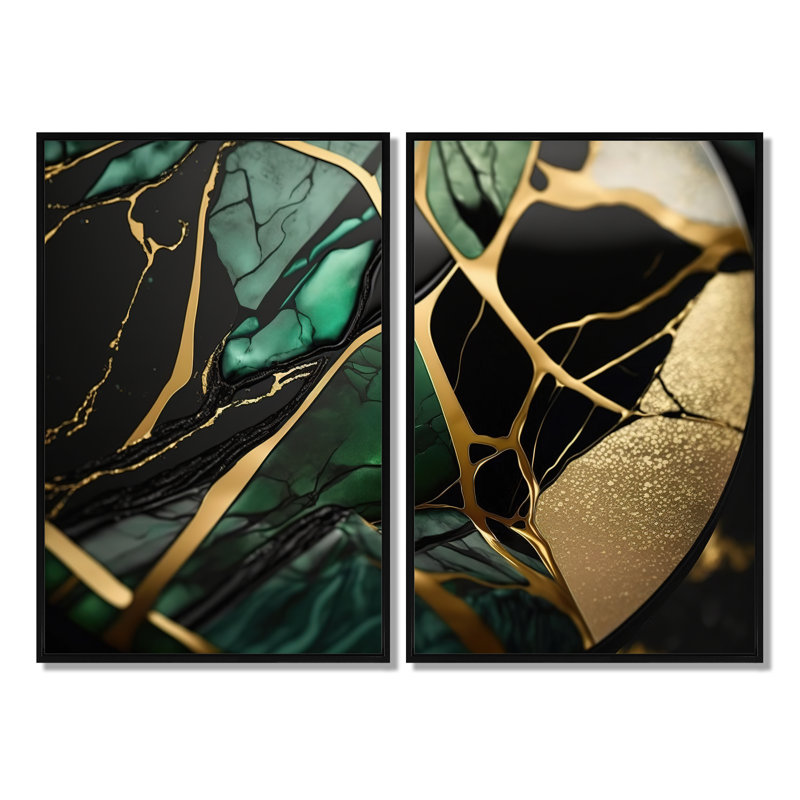 «Abstract Geode Green III», reproduction d'art moderne sur toile, 36" H x 48" W, Impression encadrée flottante, Black
