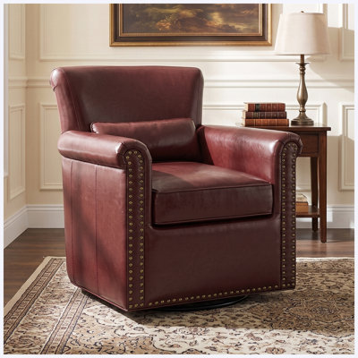 Fauteuil club pivotant à 360 ° en cuir véritable avec accoudoirs roulés et garniture cloutée, rouge