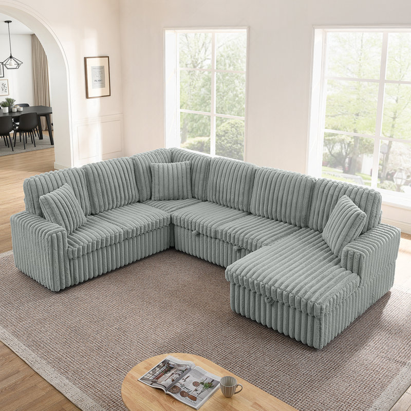 Canapé rembourré en velours Corduroy, canapé combiné en forme de U moderne et minimaliste, lit escamotable et méridienne de rangement, canapé souple - gris (assemblage requis)