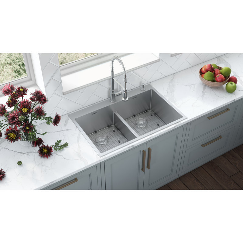 Tirana 33" L x 22" W Double Basin Drop-In Kitchen Sink with Basket Strainer