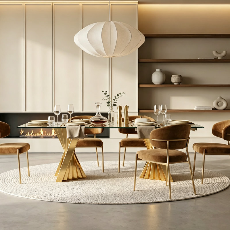 Table de salle à manger 78,74 po rectangulaire en verre trempé avec base en acier inoxydable doré, luxe moderne
