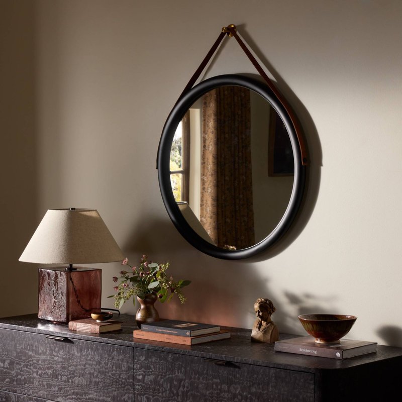 Des Round Solid Wood Mirror, Black Wash Poplar