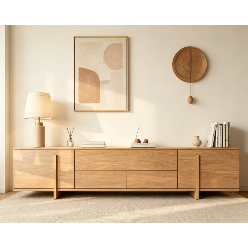 Meuble télé en chêne naturel, 19.6" H x 90.5" W x 15.7" D, Natural Wood