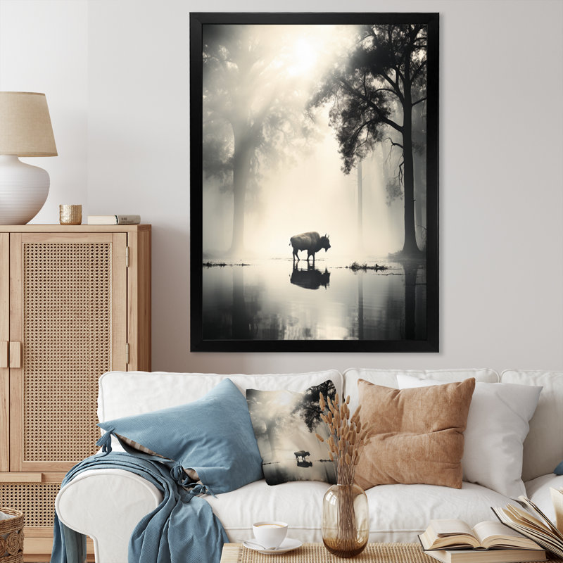 Buffle gris éthéré - animaux, salon, art mural, H 32 po x l 24 po x P 1 po, Cadre photo noir