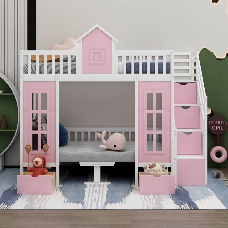 Kids Bunk Bed with Drawers, Pink, Twin over Twin
