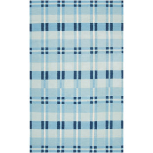 Tapis bleu en laine tissé à la main Happy