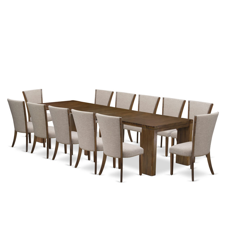 L'ensemble de salle à manger moderne 13 pièces contient une table rectangulaire extensible et 12 chaises de salle à manger, noyer antique