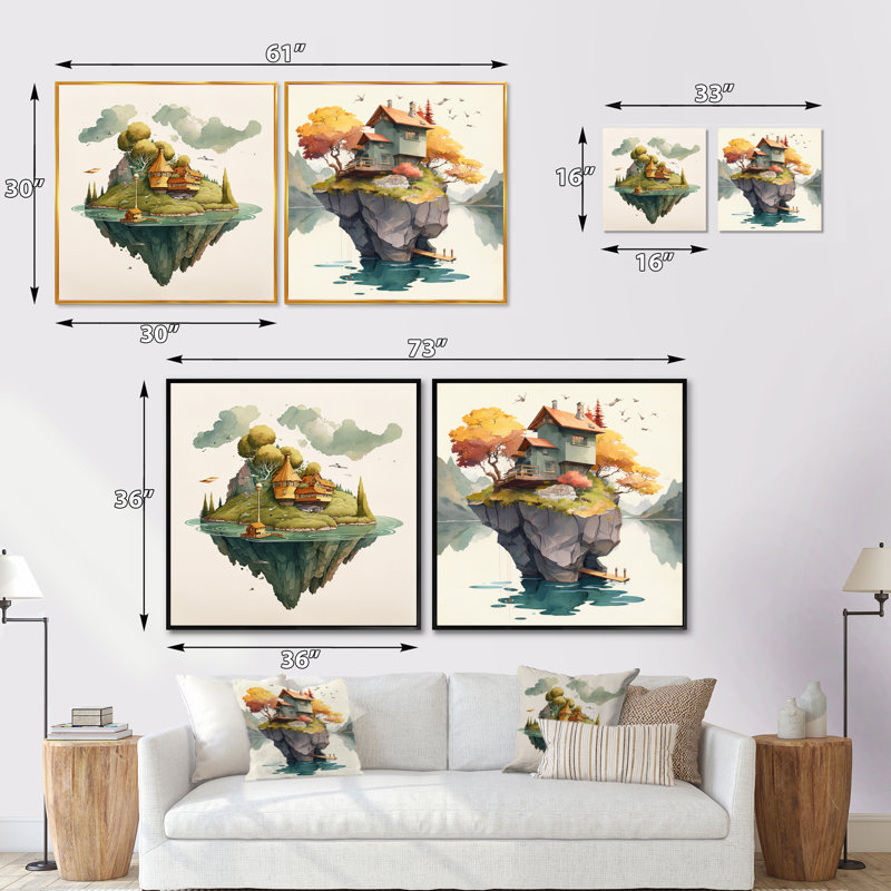 Maison sur une île privée - ensemble de 2 collages carrés, H 16 po x l 33 po, Toile tendue