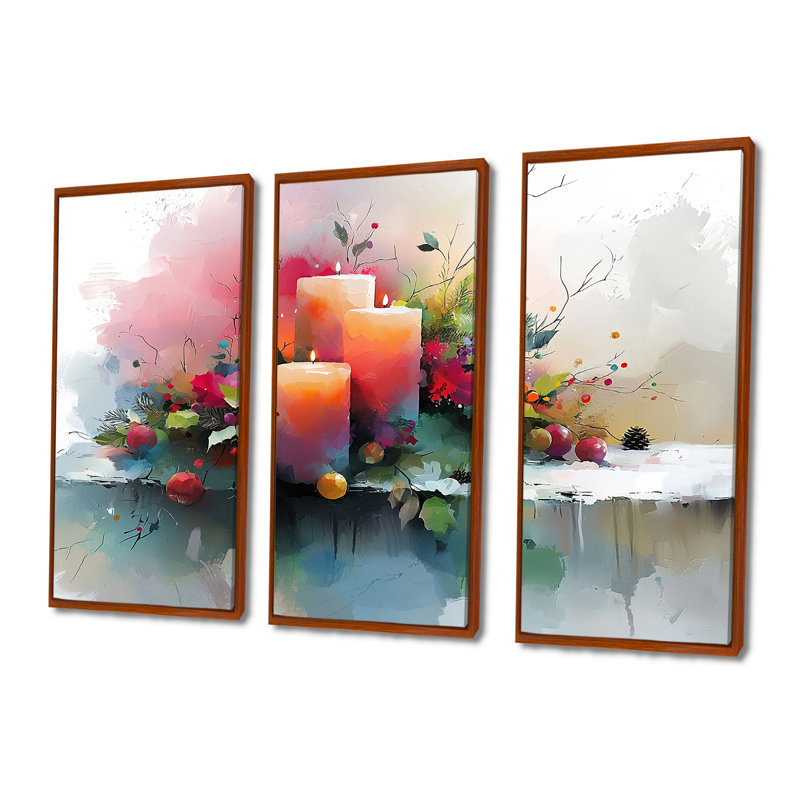 Ensemble de salon de Noël rose et orange Glow I - Christmas Wall Art, Toile avec cadre flottant brun