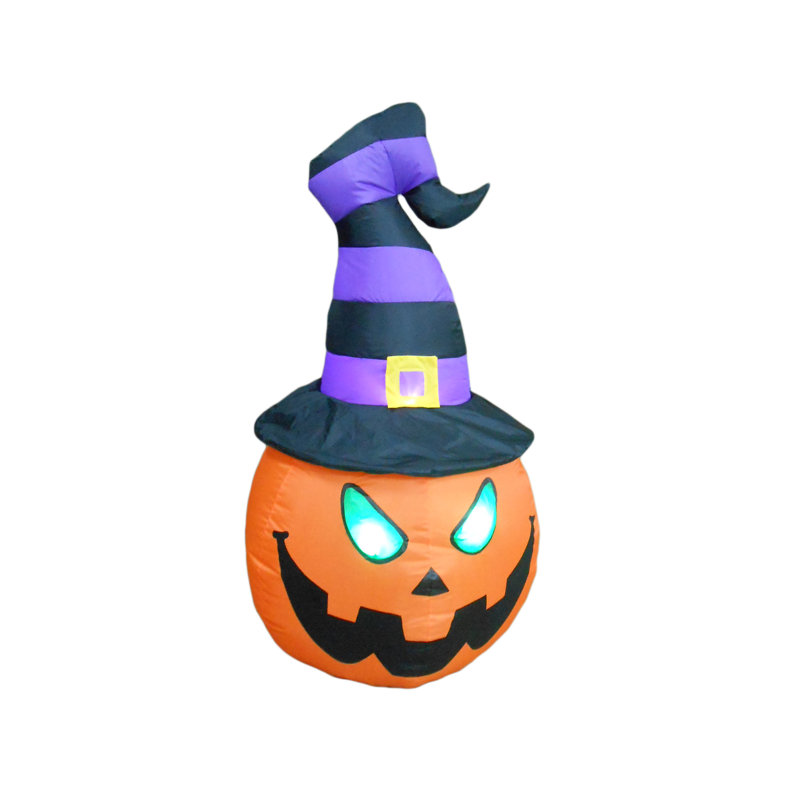 4 Foot Tall Lighted Happy Halloween Inflatable Pumpkin with Witch Hat Indoor / Outdoor Holiday Blow Up Garden Yard Decoration
