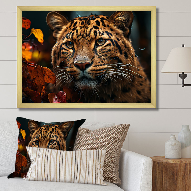 Photo de léopard en automne II - art mural léopard / guépard, Cadre flottant brun, H 24 po x l 32 po x P 1 po
