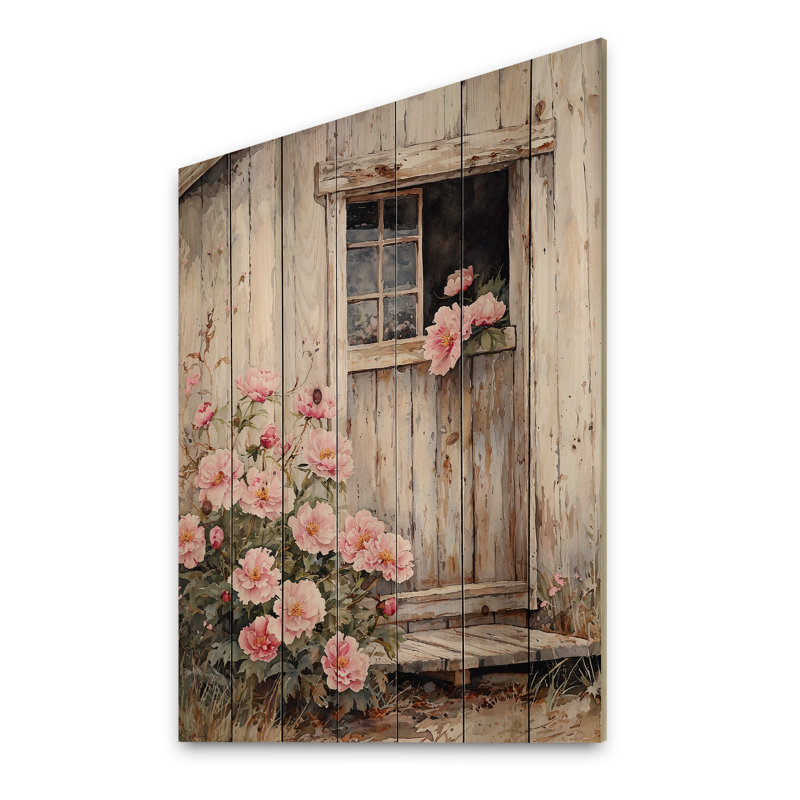 Pivoines par la grange laiteuse III - Décoration murale en bois de pivoines - sur bois de pin naturel