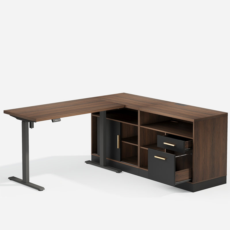 Bureau debout réglable en forme de L de 67 po avec 2 classeurs, AC / USB et bureau assis-debout Adonia, Noyer noir / noir