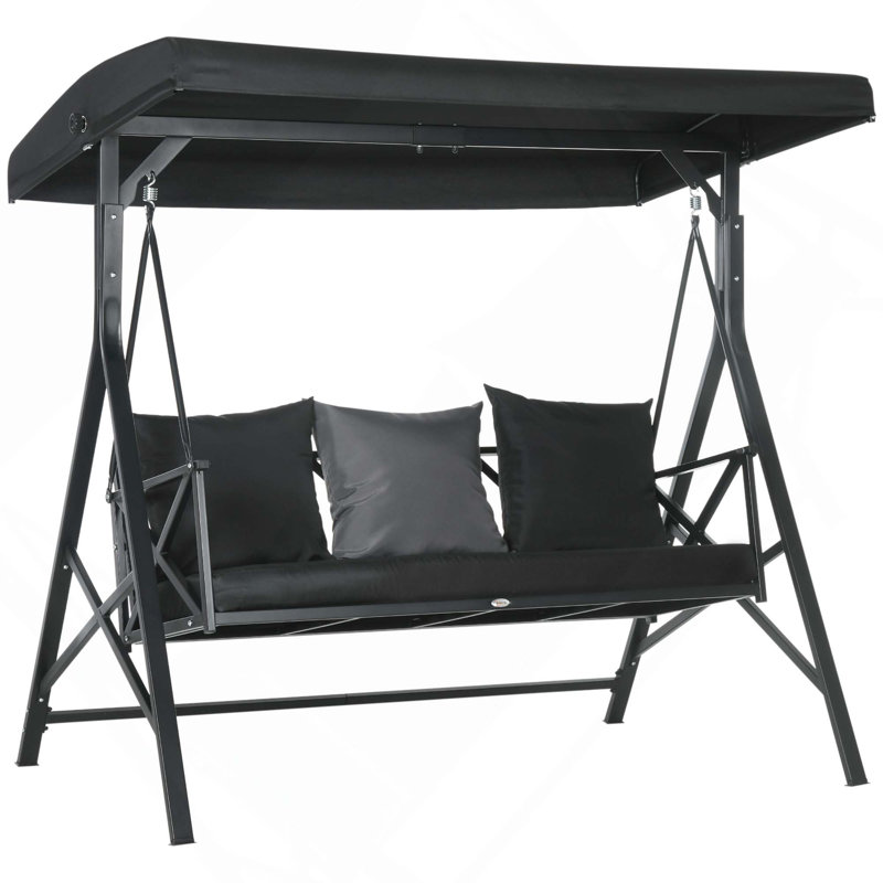 Balancelle de patio 3 places avec coussin, 3 coussins décoratifs et auvent réglable pour porche, jardin, bord de piscine, cour