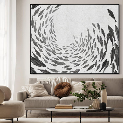 Extra Large Wall Art Fabric Print - Abstract School of Fish in Motion Illustrations Artwork Decor for Living Room or Bedroom - "Frame Assembly Required (Unfinished Frame)"