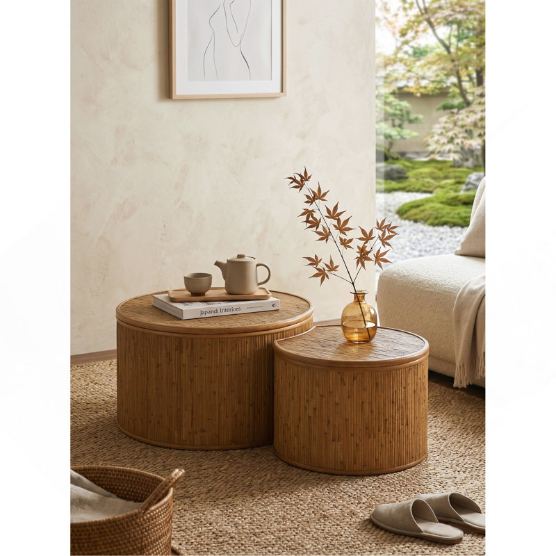 Ensemble de 2 tables basses vintage en rotin incrusté de 111,5 cm avec rangement intégré pour salon et salle à manger - Naturel
